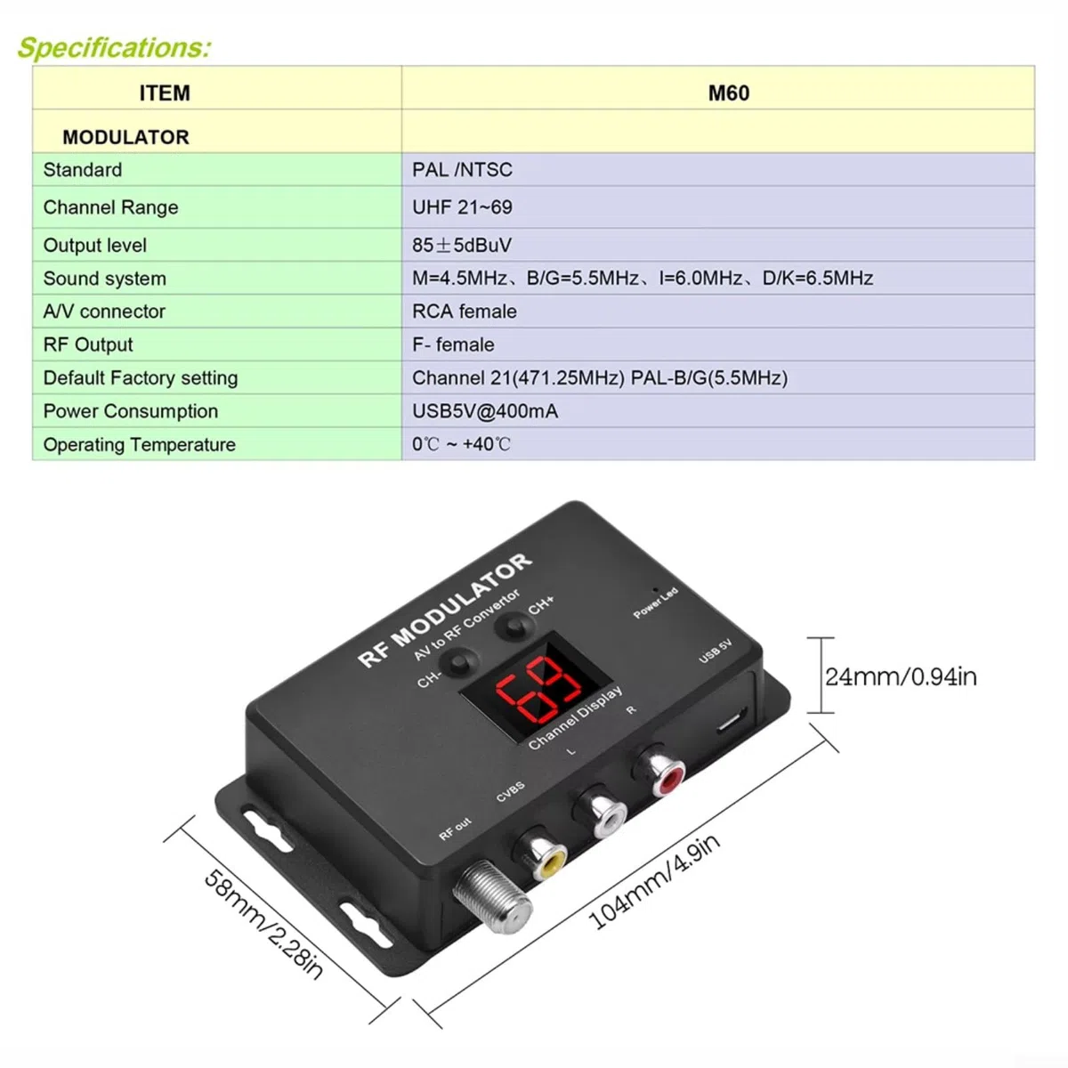 RF Modulator M60 AV zu RF Konverter für PAL NTSC TV Formate 471,25–885,25MHz UHF Ausgang 75Ω USB Stromversorgung Schwarz
