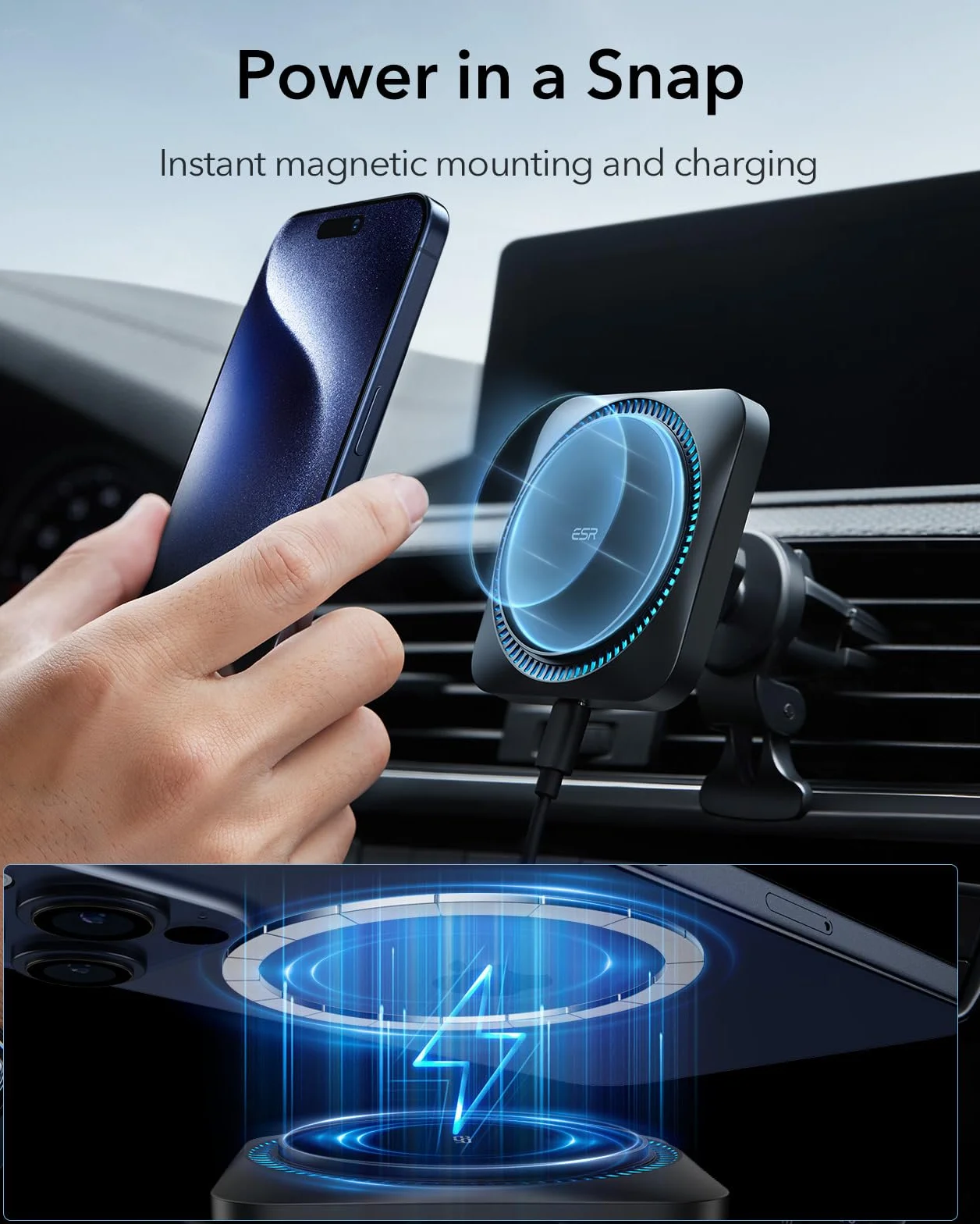 ESR für MagSafe Autohalterung Ladegerät mit CryoBoost, Handykühlung, Armaturenbrett/Lüftung Magnet Ladegerät, Handyhalterung Auto für iPhone Air/17/17e/16/15/14/13/12, Galaxy S25/S26, Schnellladen