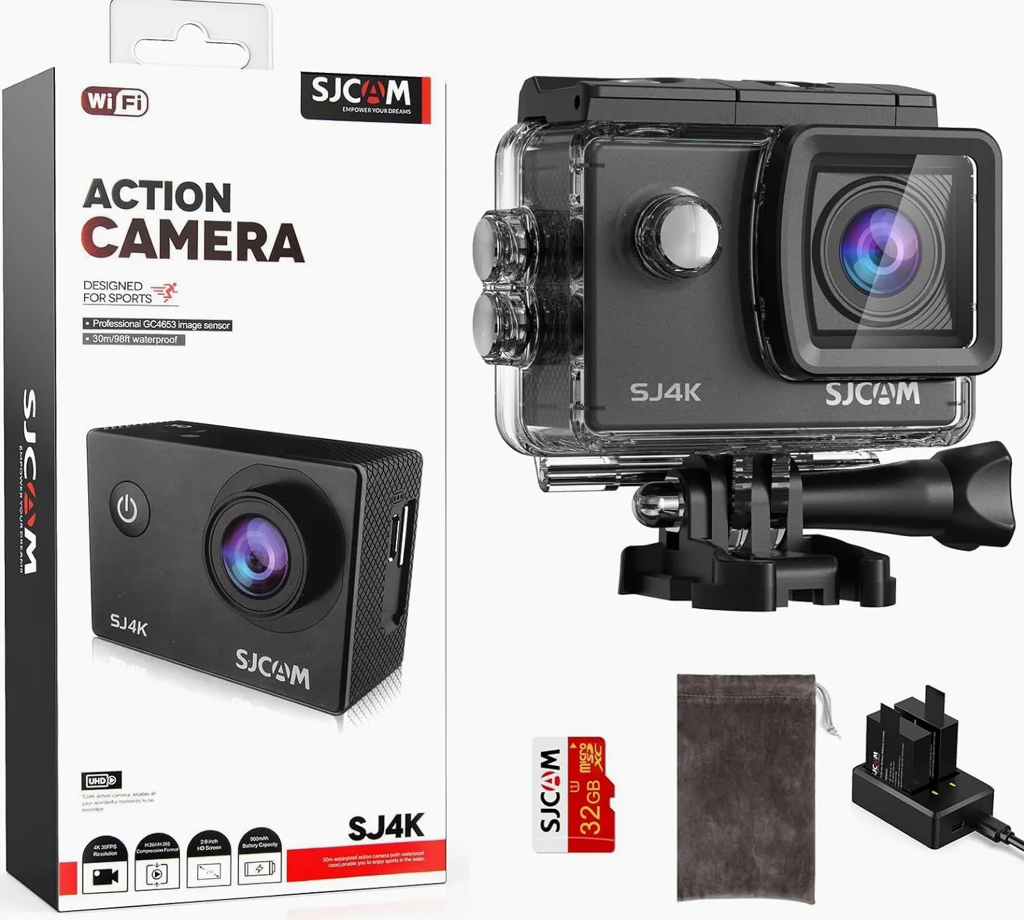 SJCAM SJ4000 Action Cam 4K30fps WiFi Unterwasserkamera 40MP Ultra HD 170°FOV EIS Bildstabilisierung 30m Wasserdicht Sportkamera mit 2 Akkus 32G SD Karte