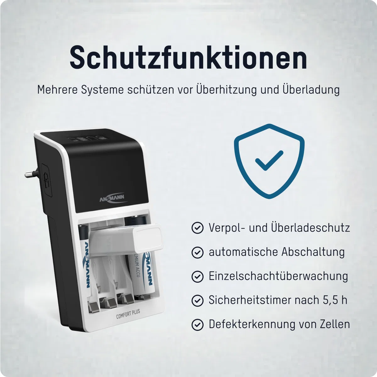 ANSMANN Akku-Ladegerät für NiMH Micro (AAA), Mignon (AA), 9V Block Akkus – Automatik Batterieladegerät mit Perfect-7-Ladetechnologie, Schnellladefunktion & Entladefunktion – Comfort Plus