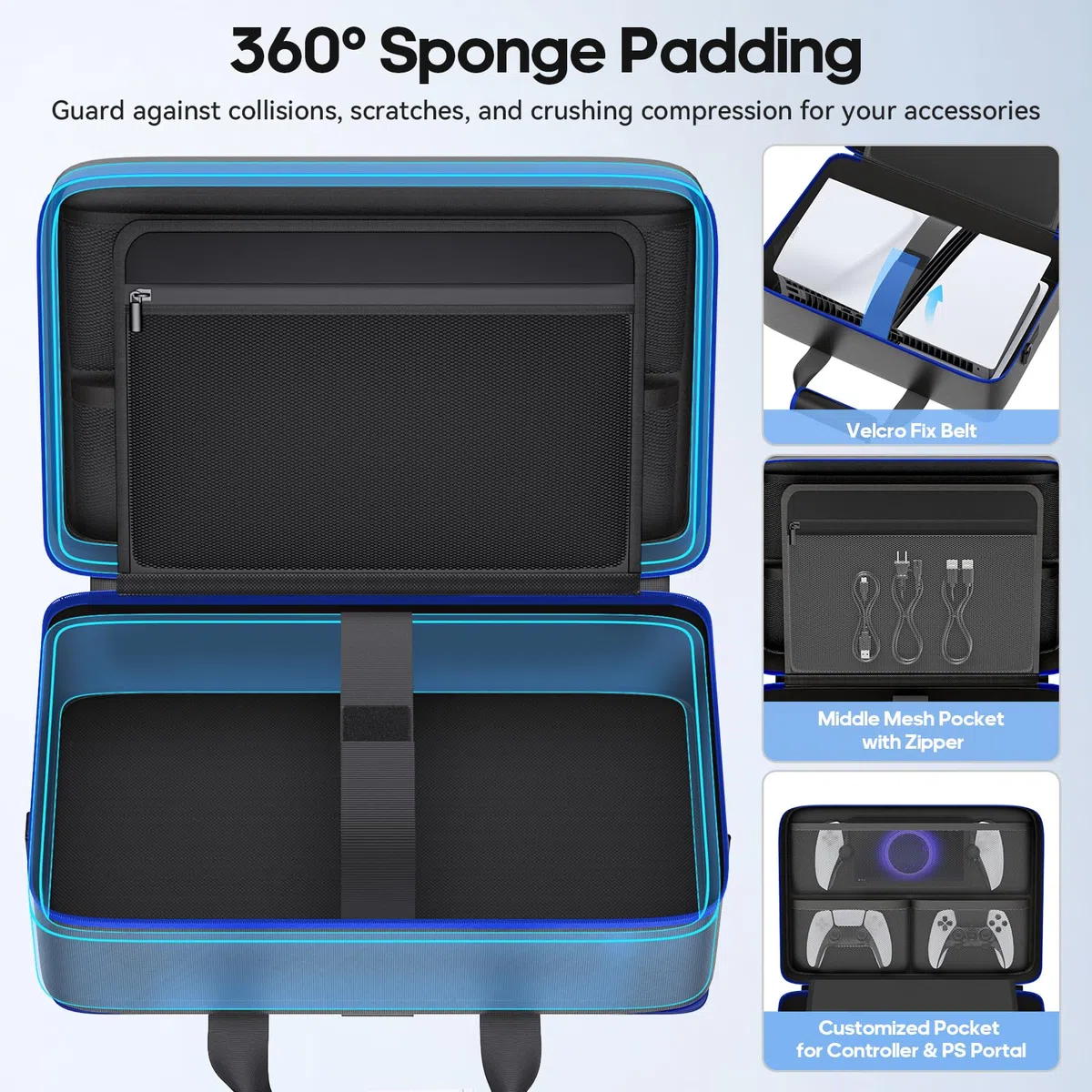 Gersker PS5 Tasche kompatibel mit PS 5/Slim/Pro Digital & Disc, 10 Fächer Aufbewahrung PS5 Rucksack für PS Portal, 4 Spielkarten, 2 Controller, PS 5 Reisetasche mit großer Kapazität, Schwarz & Blau