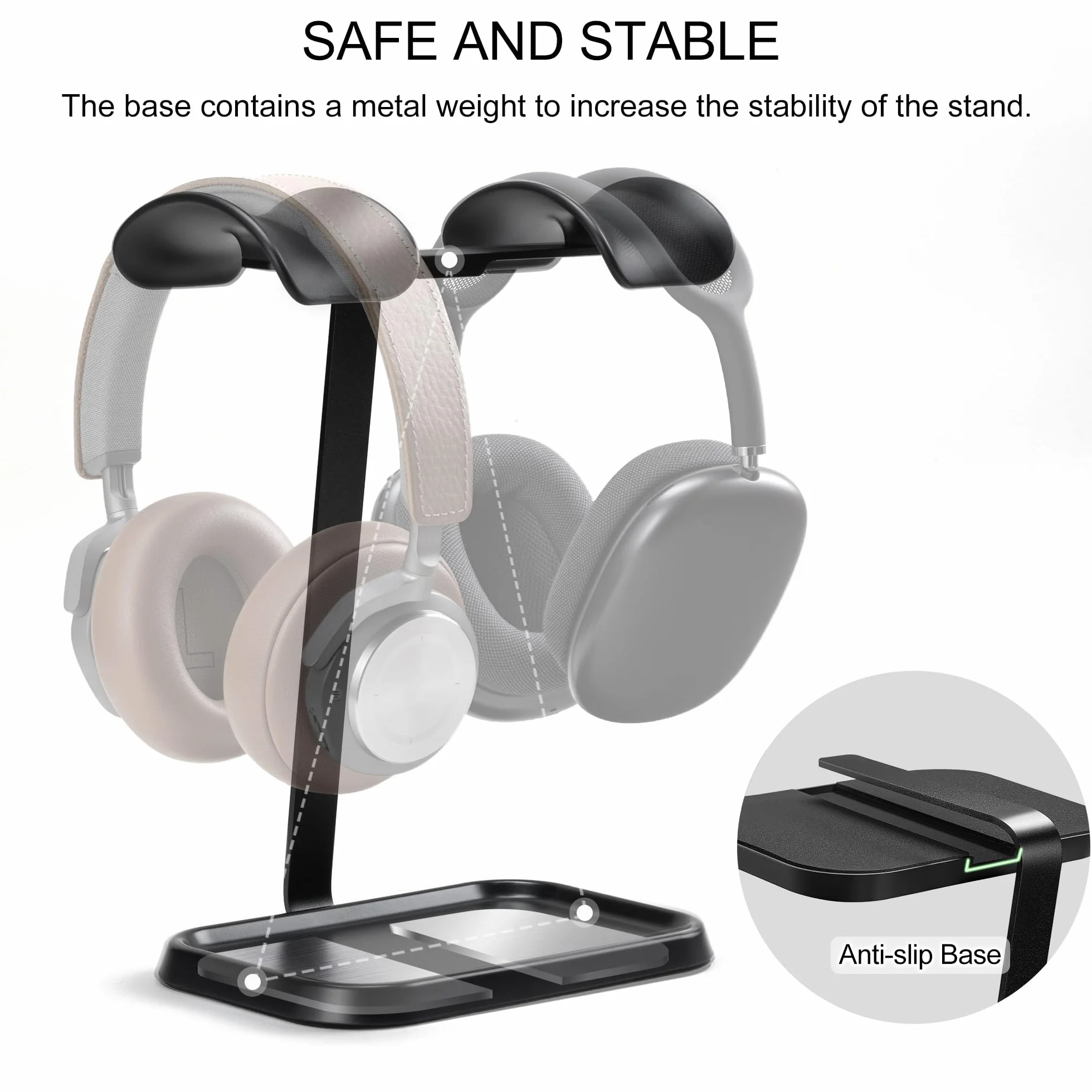 Doppel Kopfhörer Ständer, Stabiler Doppel Headset Halterung mit Ablagefach, Schwere Basis Gaming Kopfhörer Halter mit für Schreibtisch (Schwarz)