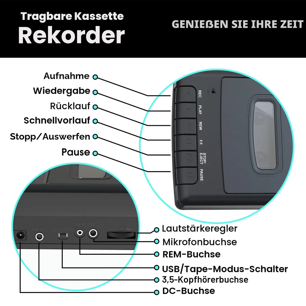 kassettenrekorder Portable Kassettenspieler Cassette Player Recorder Kassetten Digitalisieren auf USB mit Griff, Kopfhörer, Mikrofon, Lautsprecher