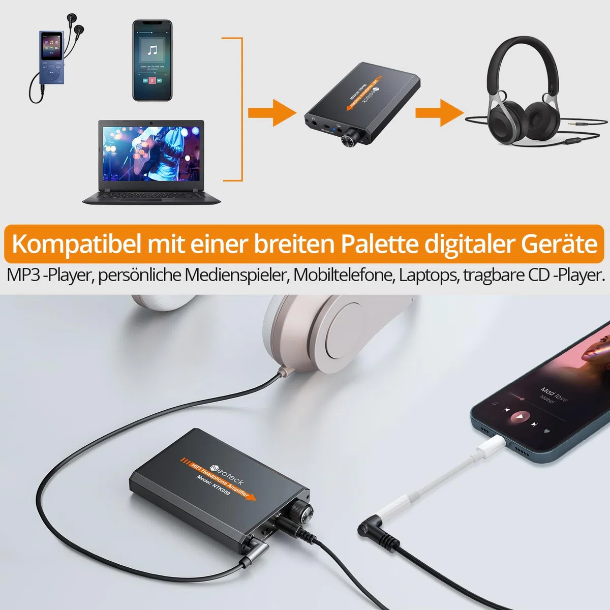 Neoteck 3,5 mm Kopfhörer-Verstärker, zweistufiger Verstärkungsschalter, tragbarer HiFi-Headset-Verstärker, Aluminium-matte Oberfläche
