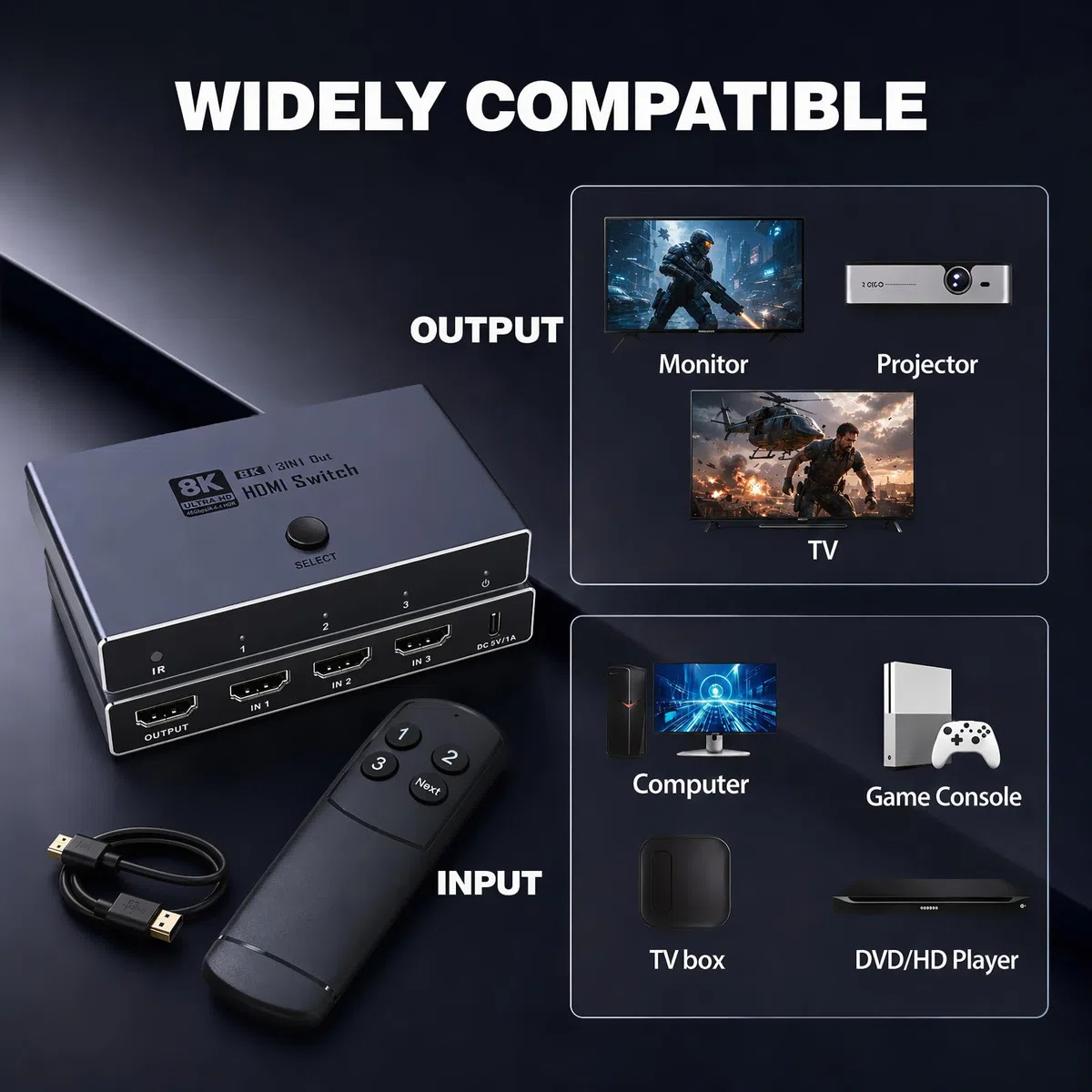 HDMI Switch 3 in 1 Out - 8K Aluminium HDMI Umschalter Verteiler mit IR-Fernbedienung unterstützt Dolby Vision 8K@60Hz 3D HDCP 2.3 Plug & Play für PC Laptop TV Beamer Projektor - Nur Spiegelmodus