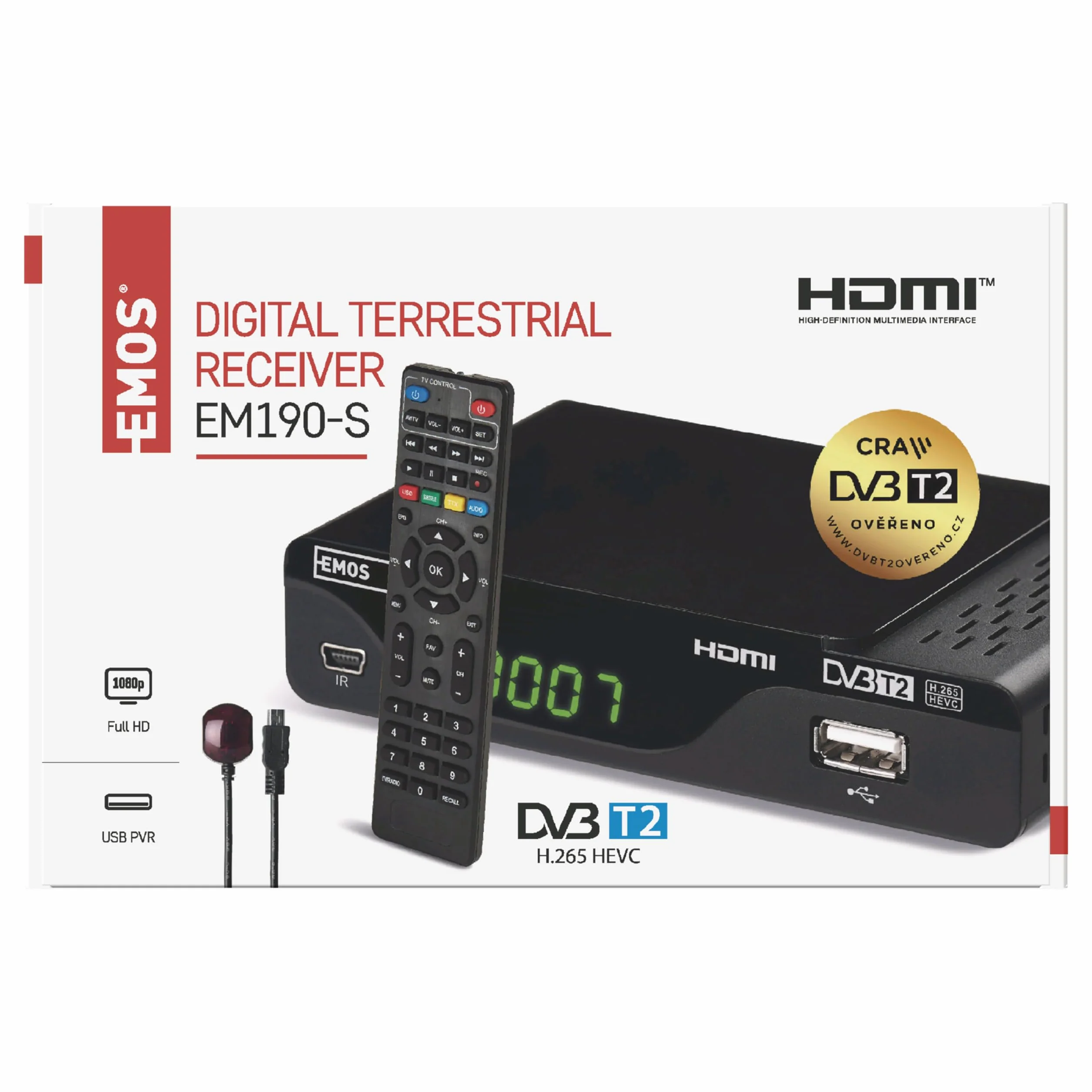 EMOS DVB-T2 HD Receiver H.265 HEVC mit USB, HDMI, SCART und Koaxial-Anschluss, Fernbedienung und Infrarot-Sensor, PVR, Mediaplayer und EPG Funktion, 1080p