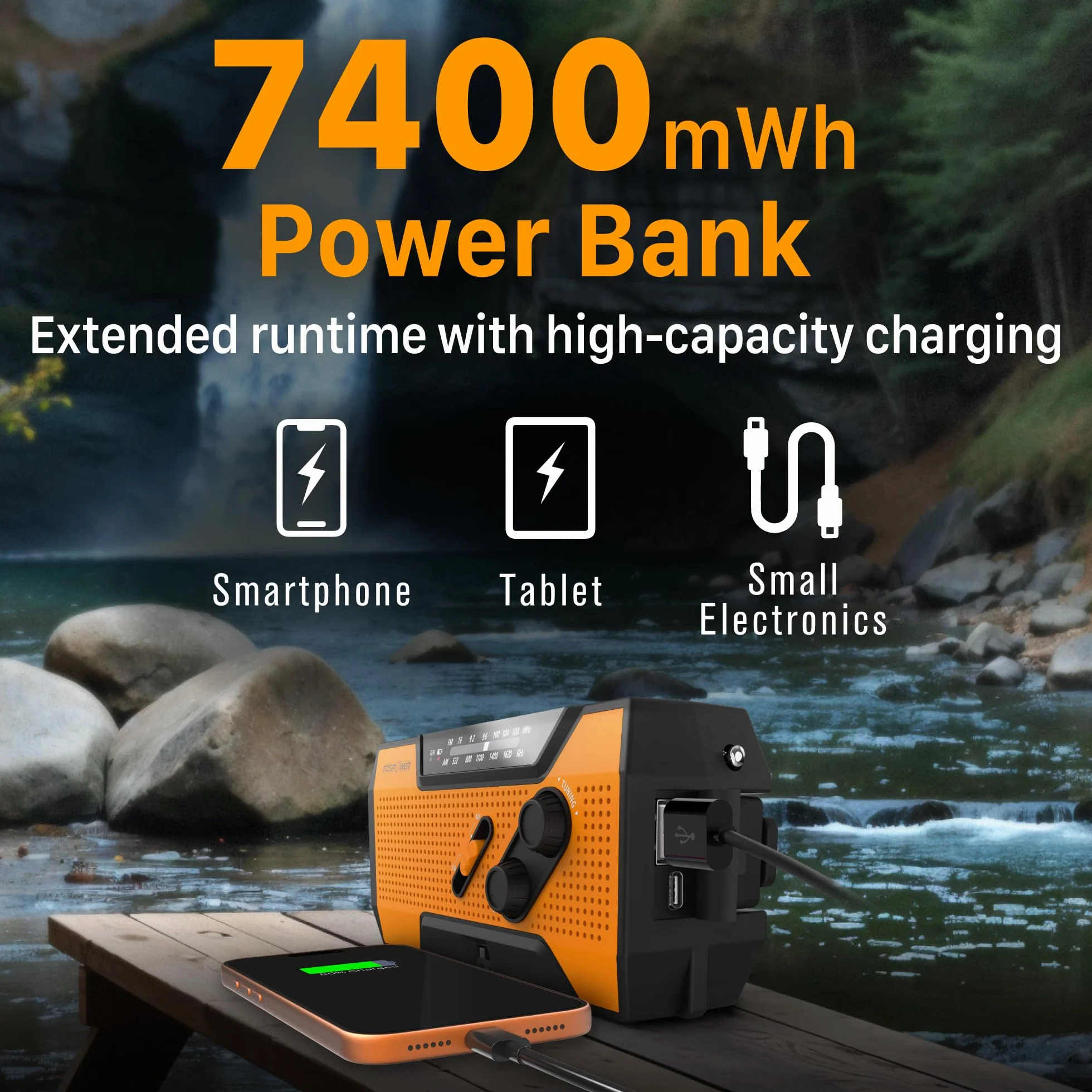 FosPower - Notfallradio NOAA/AM/FM mit 7400mWh (2000mAh) Tragbare Powerbank - Aufladung per USB/Solar/Handkurbel, Batteriebetrieben, SOS-Alarm & Taschenlampe für Notfälle drinnen und draußen