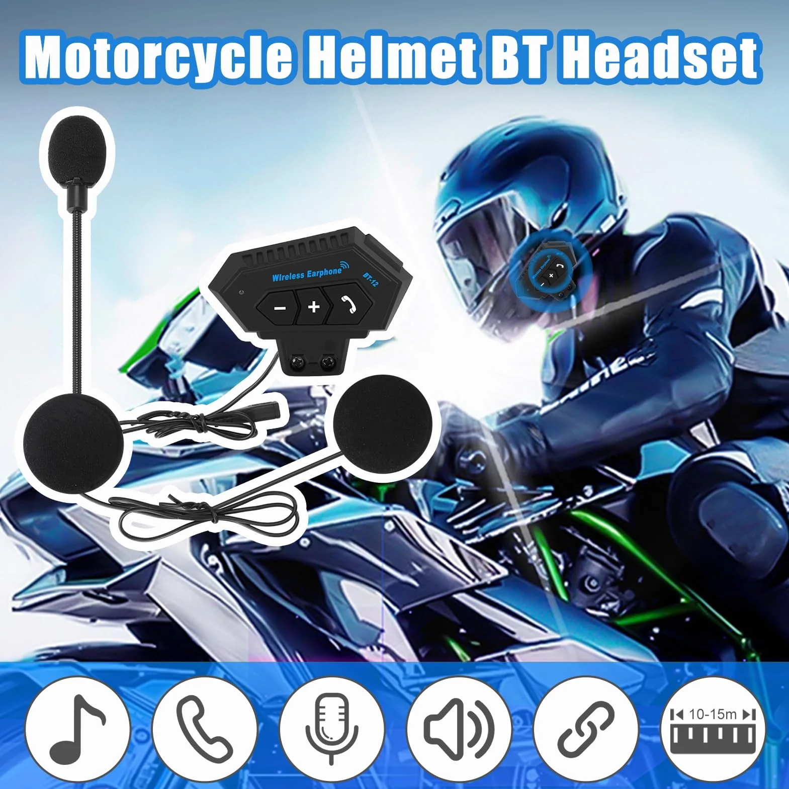 Helm-Headset, BT12 Motorrad Headset, Helm Bluetooth Headset Motorradhelm Headsets Bluetooth Kommunikationssystem für Lautsprecher Freisprechen, Musikanrufsteuerung