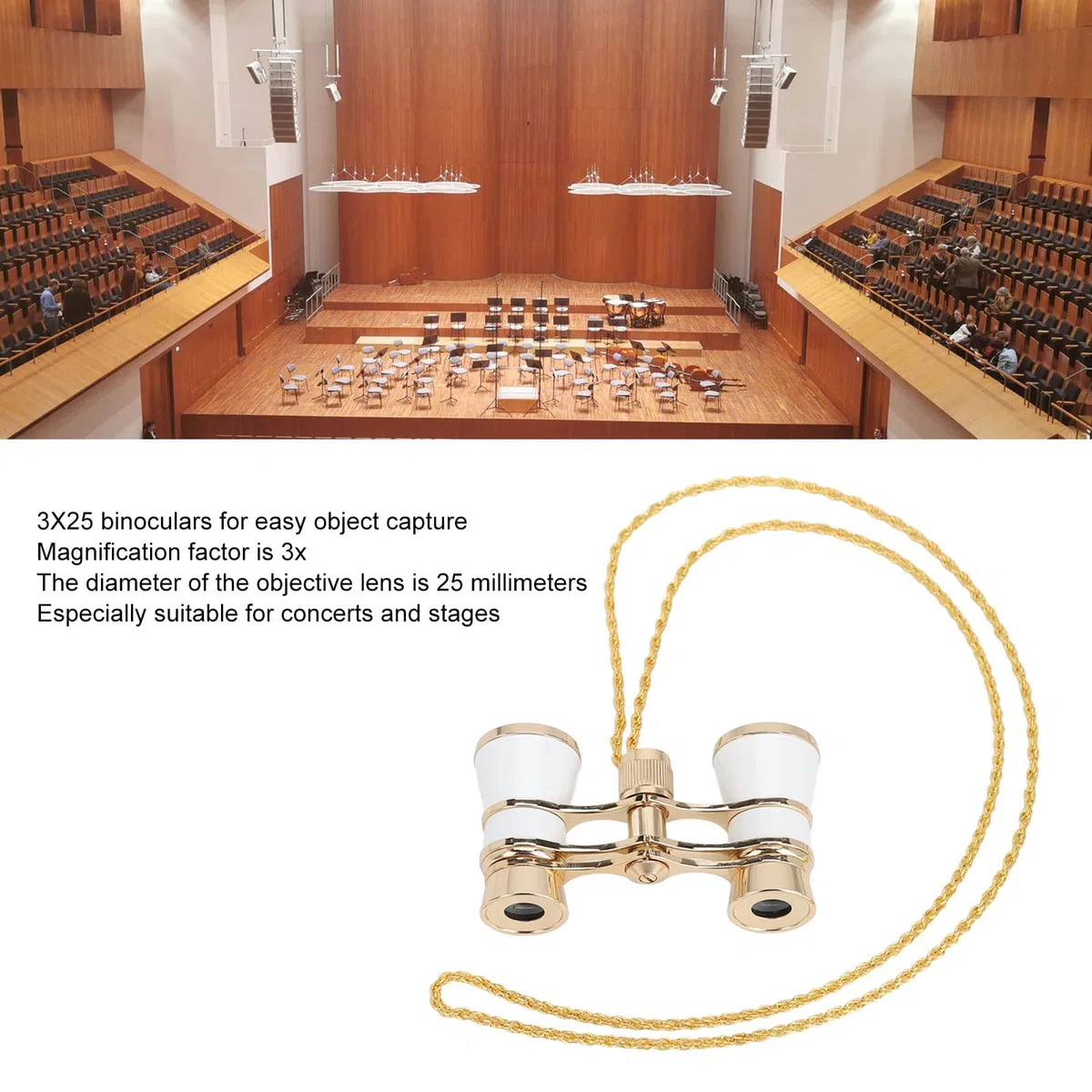 3X25 Opernglas, Brille Fernglas Sehen Sie die Landschaft Deutlich Multifunktional mit Bühnenkette (Weiß)