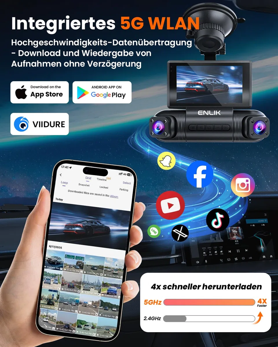 4-Kanal Wireless 2K Dashcam 360° Auto Dashcam mit Wi-Fi, G-Sensor, 8 IR-Nachtsicht-LEDs, 64GB SD-Karte
