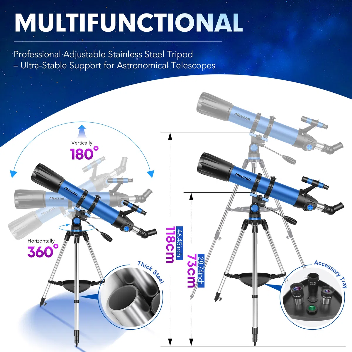 MEEZAA Teleskop, Teleskop Astronomie Profi für Erwachsene, 90mm Blende 800mm AZ Mount Astronomisches Refraktor Teleskope für Kinder Anfänger mit Stativ, Telefon Adapter, Tragetasche und Mondfilter
