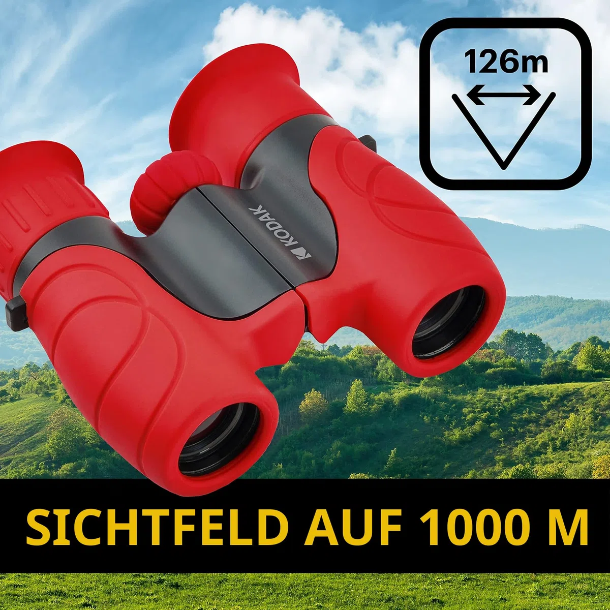 KODAK Fernglas für Kinder BCS100 – Kompakte Binokulare Ferngläser für Kinder, mit weichem Gummi, ergonomisch, mit Trageriemen und Transporttasche, 8-facher Zoom – Rot