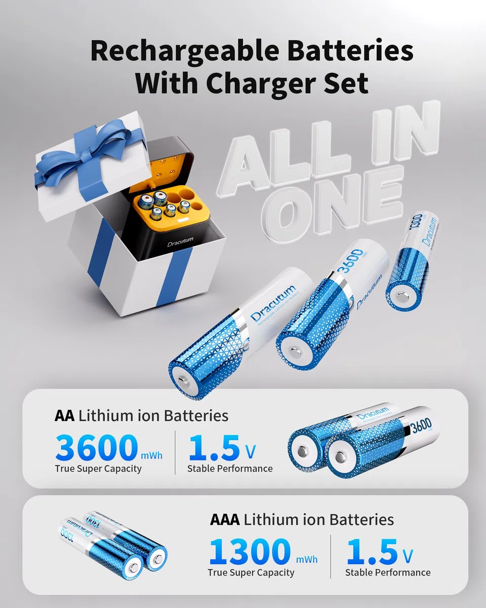 wiederaufladbar Lithium Batterien, (4 AA & 4 AAA) mit Batterieladegerät, 3600mWh AA Akkus & 1300mWh AAA Akkus Hohe Kapazität 1.5V, 2000 Zyklen Lang anhaltende Li-Ion Batterien