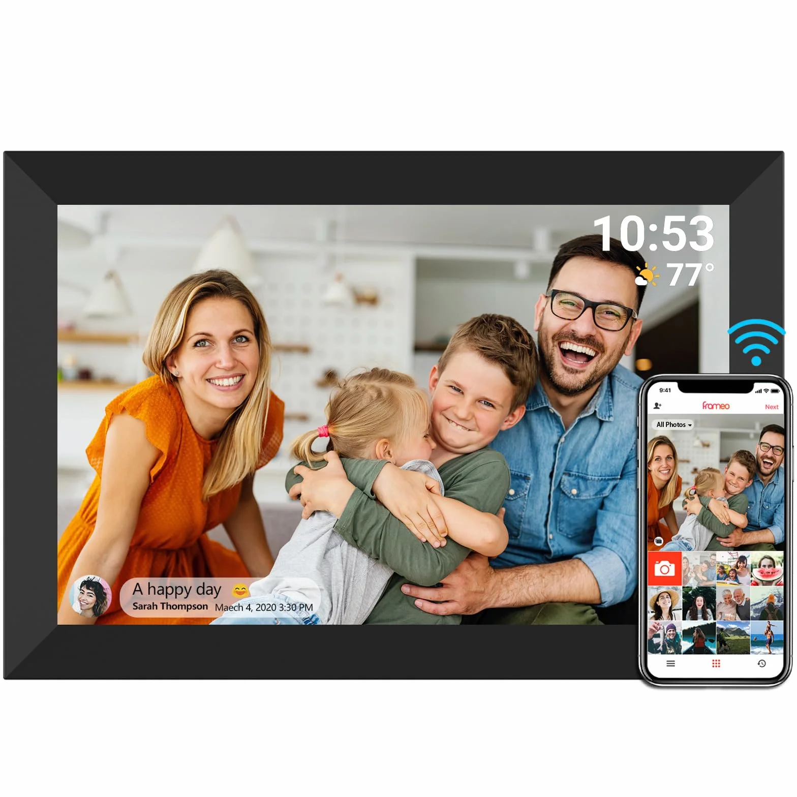 Digitaler Bilderrahmen WiFi 10,1 Zoll 1280x800 IPS LCD Touchscreen 32GB Speicher Frameo App Schwarz