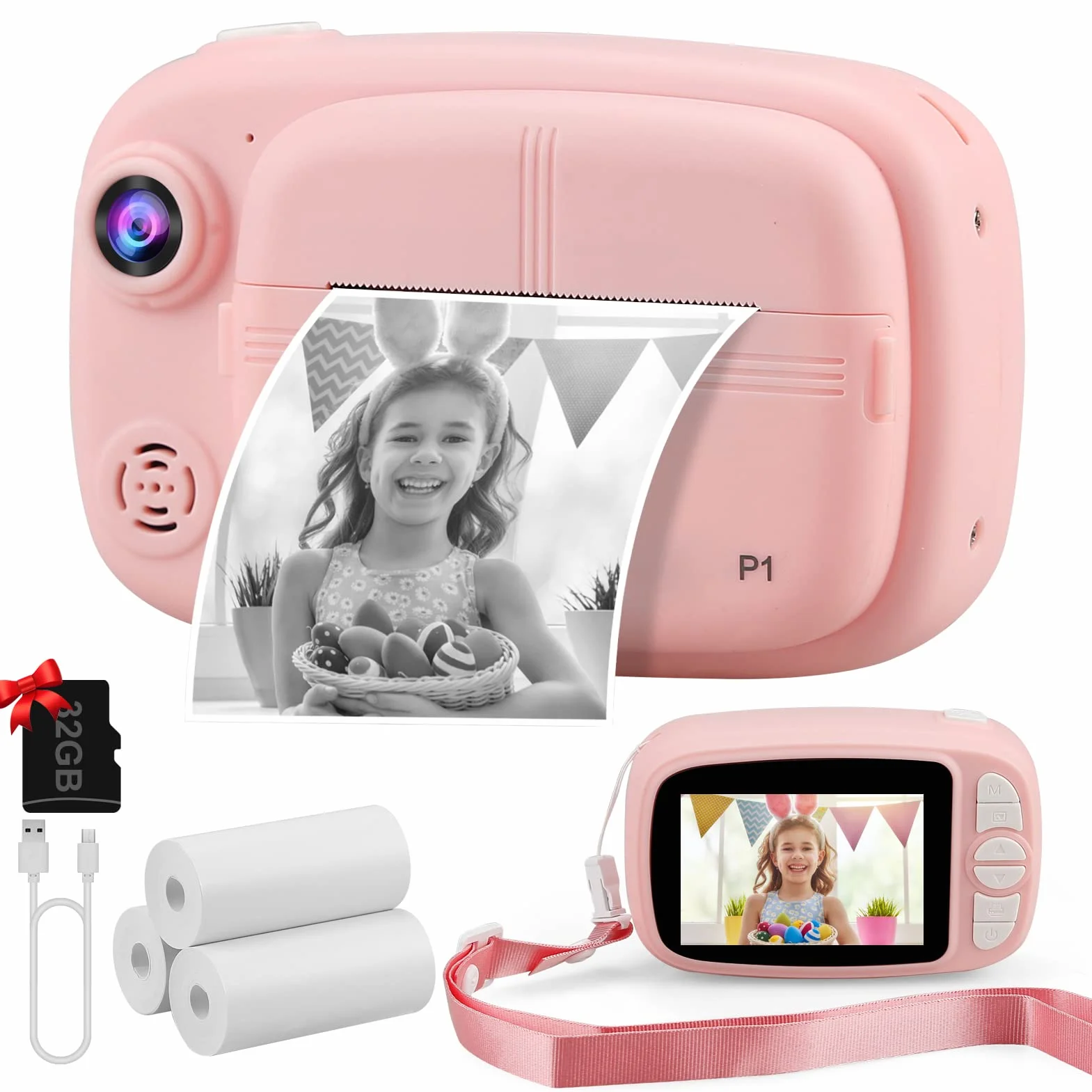 Sofortbildkamera Kinder, Instant Digitalkamera 3.5" 1080P Zero-Ink Sofortbildkameras Kamera mit 4 Rollen Druckpapier, 32GB TF-Karte Digital Kinderkamera Geschenke Junge für 3-14 (Rosa)