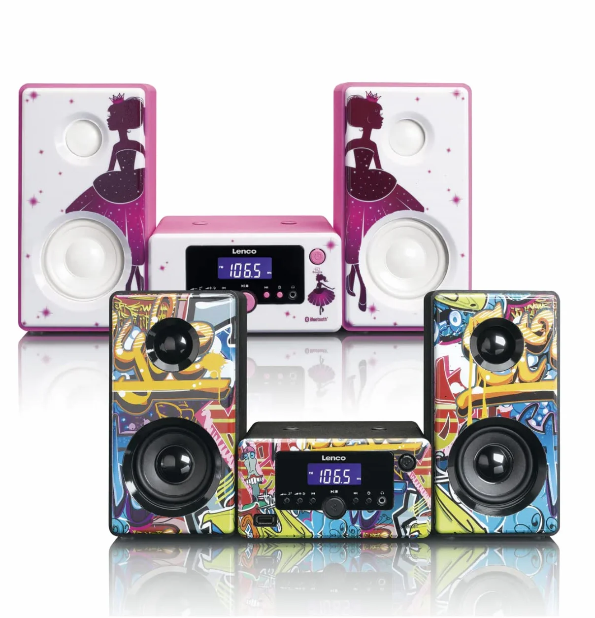 Lenco Stereoanlage MC-020 Kompaktanlage mit Bluetooth, USB und UKW-Radio (Weckfunktion, USB-Lader, Aux, Kopfhörerbuchse) 2 x 5 Watt (RMS), Princess