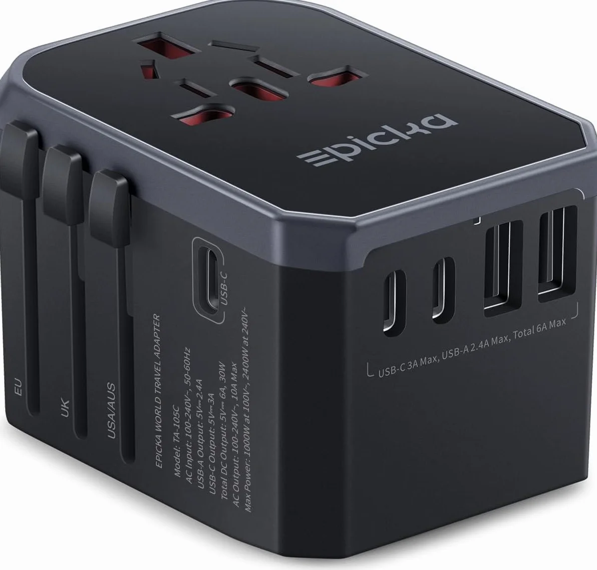 EPICKA Reiseadapter Weltweit, Universal Reisestecker Adapter 30W, Internationaler Steckdosenadapter mit 3 USB-C, 2 USB-A, Travel Adapter für Deutschland US UK Japan Thailand Australien TA-105C Schwarz