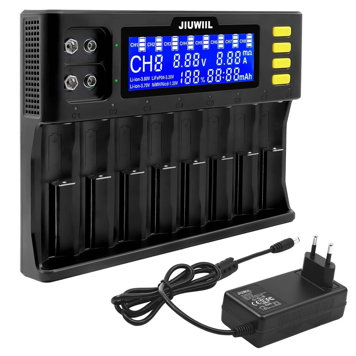 18650 Akku Ladegerät, JIUWIIL 8+2 Schacht Schnellladung Universal Akkuladegerät mit LCD-Display für Wiederaufladbare Akkus Li-Ion LiFePO4 26650 17500 16340 18650 14500 10440 & 9V