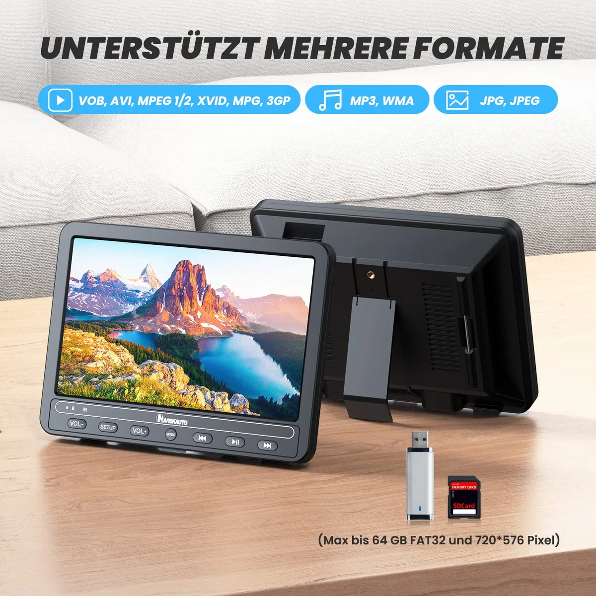 NAVISKAUTO 10,5 Zoll DVD Player Auto 2 Monitore Kopfstütze HDMI IN Mit 5 Stunden Akku, Auto Fernseher TV Kinder DVD-Player Unterstützt USB/SD-Karte, Last Memory, 2 Verschiedene Filme Spielen
