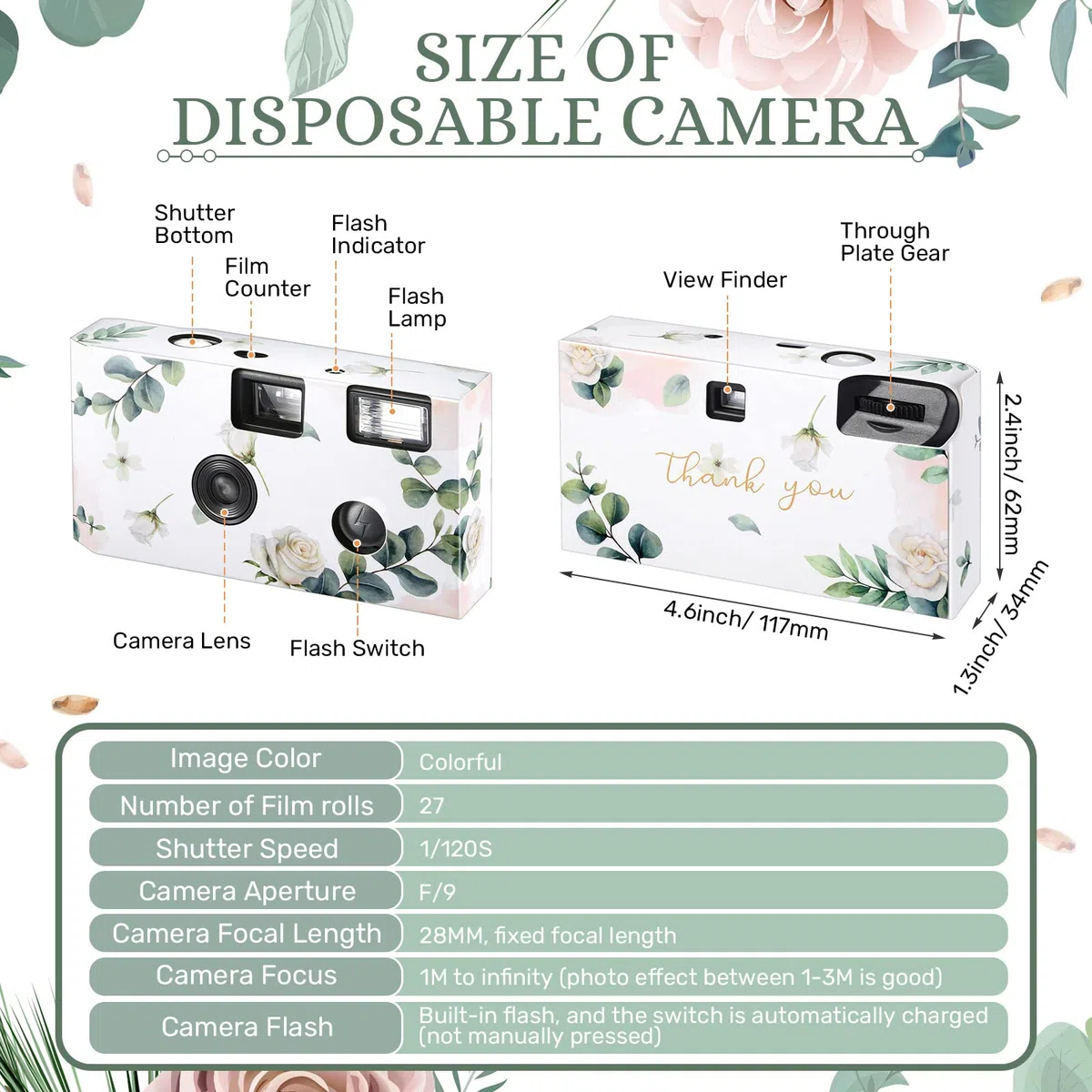Einwegkamera für Hochzeit, Einwegblitz, 35 mm, 27 Filmbelichtungen, 400 ISO-Filmkamera mit Blitz für Konzert, Reisen, Jahrestag, Camp, Partyzubehör, Sommerurlaub, Flitterwochen (Eukalyptus), 6 Stück