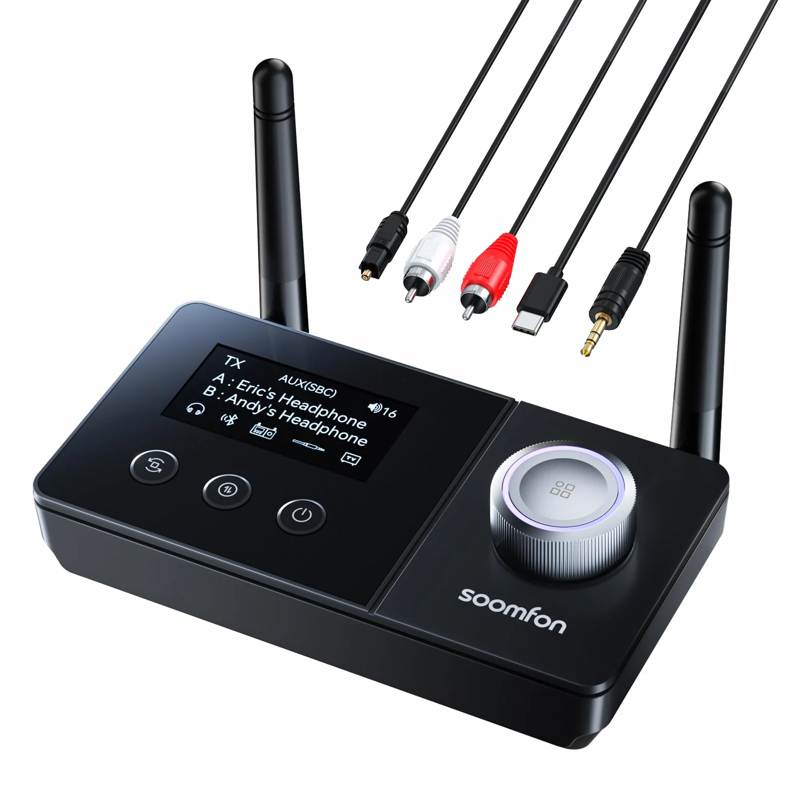 SOOMFON Bluetooth 5.3 Sender Empfänger mit Doppelantenne, 3-in-1 BT Audio Adapter für 2 Kopfhörer, Bluetooth Transmitter Receiver für TV/Stereoanlage, mit Bildschirm & Lautstärkeregelung, Aux/Optisch