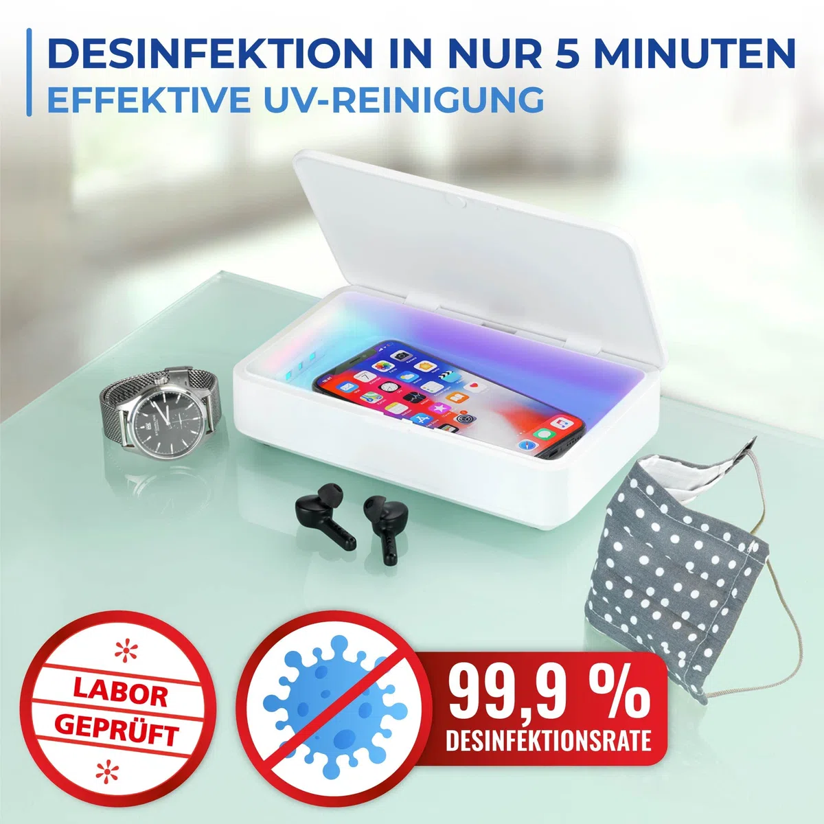 Maximex 2in1 UV Desinfektionsbox - Desinfektion mittels UV Licht, Kunststoff (ABS), 12.5 x 5 x 20 cm, Weiß