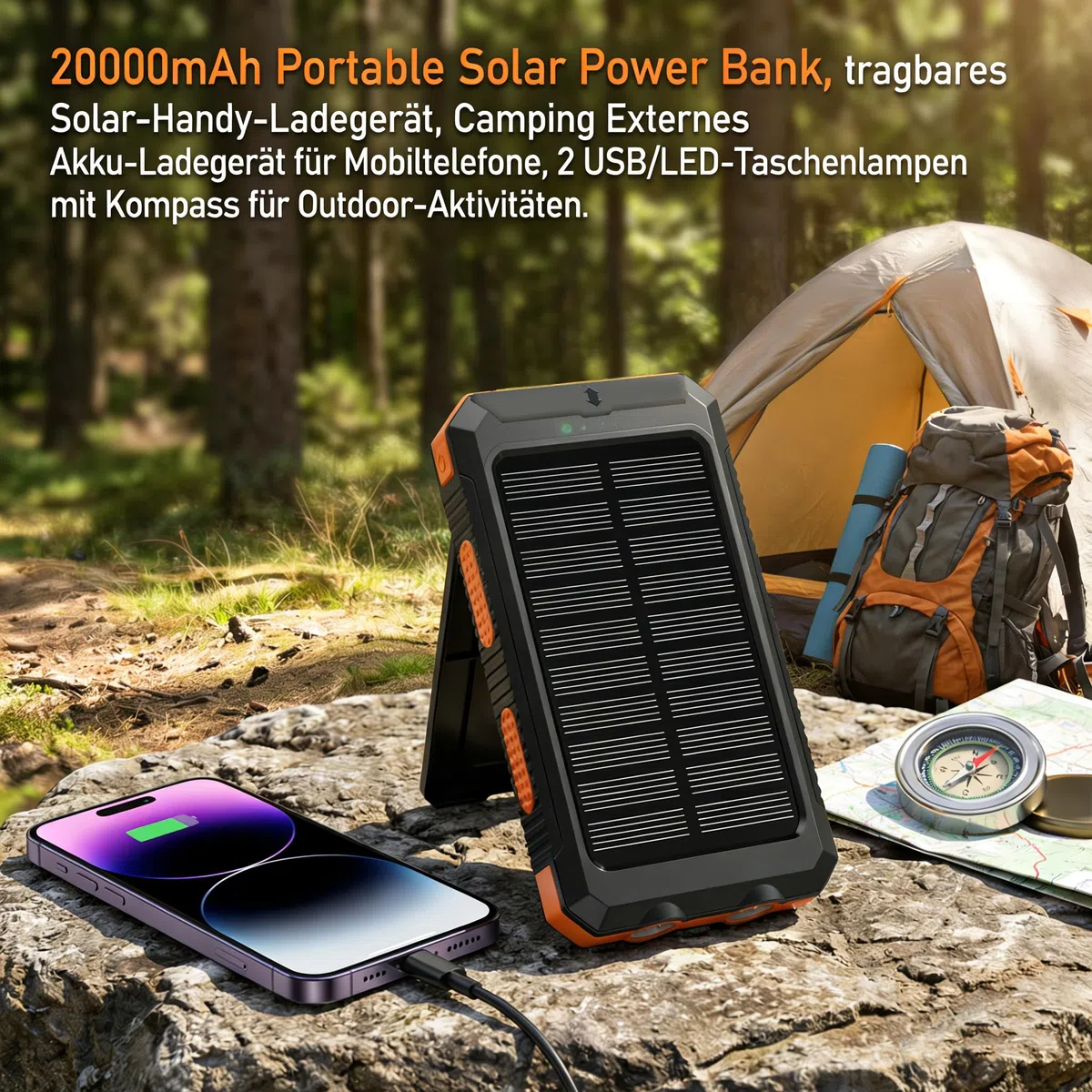 Solar Powerbank 20000mAh, Wasserdichtes USB C Externer Akku mit 2 Outputs, 2 USB-Anschlüssen, LED-Taschenlampen mit Kompass für Outdoor-Aktivitäten