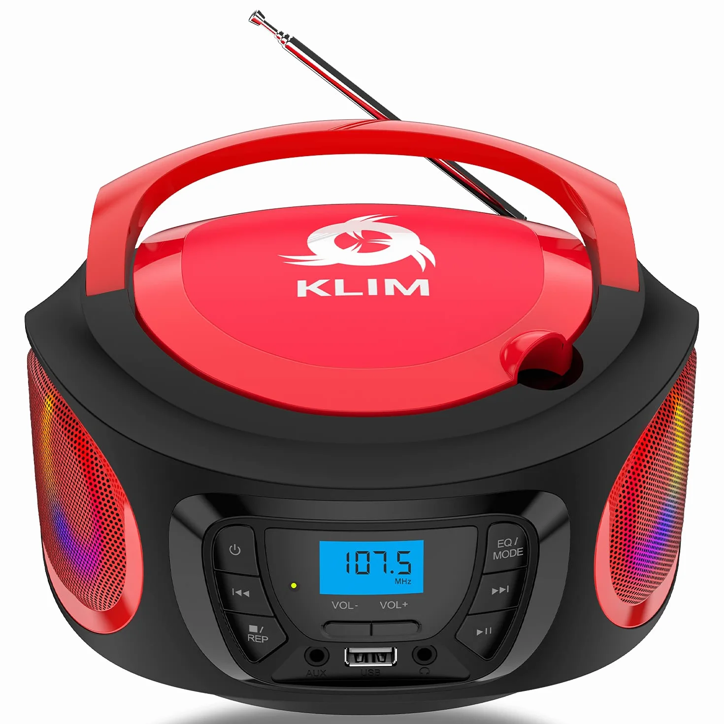 KLIM Boombox Radio mit CD Player - NEU - FM-Radio, CD Player, Bluetooth, MP3, USB, AUX - Inklusive wiederaufladbaren Akkus - Kabelgebundene und kabellose Modi - Kompakt und robust (Rot)