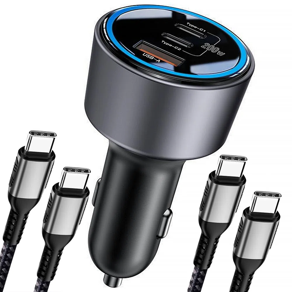 Zigarettenanzünder USB C 200W Autoladegerät 3-Port KFZ Ladegerät Kompatibel Mit iPhone 16/15/14/13, MacBook Pro/Air, Surface, Galaxy S24, Mit 2 100W Kabel