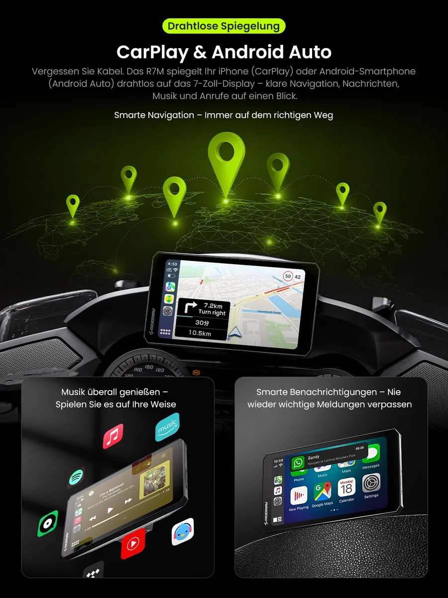 R7M 7" Wireless CarPlay & Android Auto für BMW Motorräder – Native Wonder Wheel- und Actionkamera-Steuerung | Echtzeit-Datenauslesung (TPMS/RPM) | OTA-Updates | 1200-Nit IP69K GPS | NAV Prep