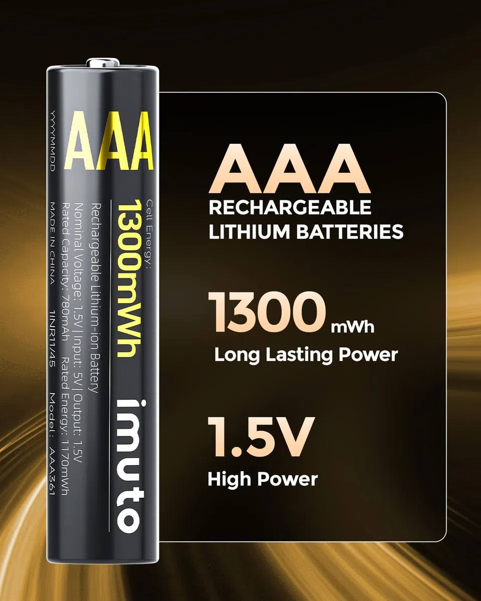 imuto Wiederaufladbare Lithium Akkus AAA 8-Pack mit Ladegerät, 1300mWh Hohe Kapazität 1.5V AAA Batterien, Lang anhaltende wiederaufladbare AAA Li-ion Batterie mit Integrierter Charing Aufbewahrungsbox