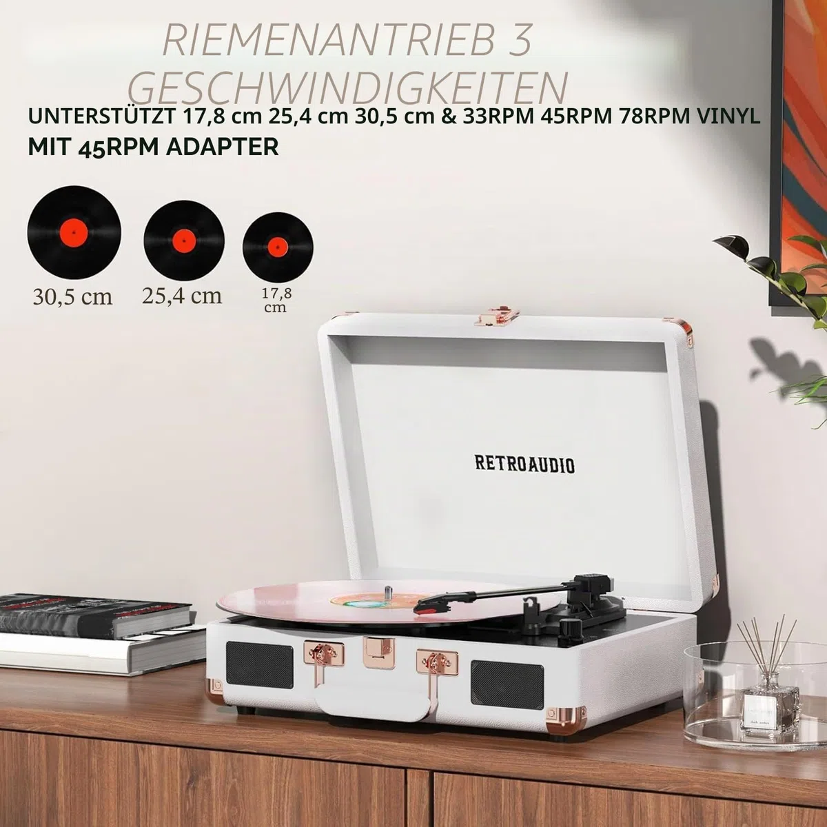 Vinyl-Plattenspieler mit eingebauten Lautsprechern, 3-Gang-Vintage-Plattenspieler, Bluetooth, tragbar, Koffer, riemengetriebener Plattenspieler, kompatibel mit RCA-Ausgang und Ausgang von
