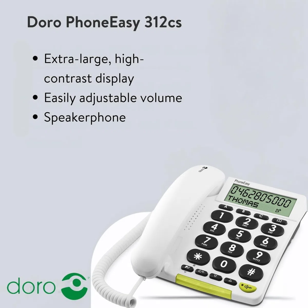 DORO - Doro PhoneEasy 312cs - Schnurgebundenes Festnetztelefon - Große Displayanzeige - Extra große Tasten - Freisprechfunktion - Lautstärkeregler - Anrufanzeige - Schwarz