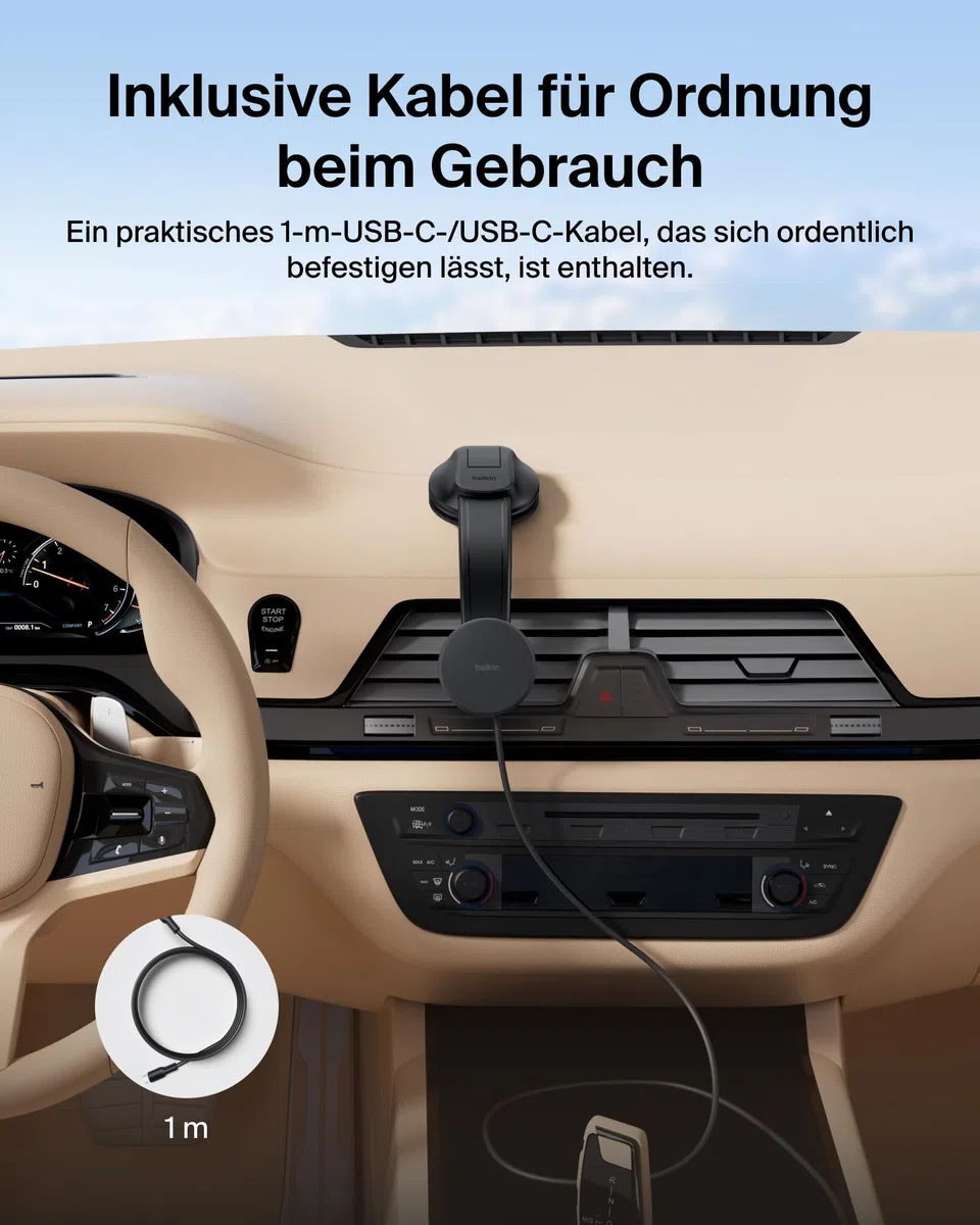 Belkin Kfz Ladegerät Kabellos, Handy Autohalterung mit Ladefunktion, MagSafe Kompatibel, USB-C-Kabel, Induktive Ladestation Auto für iPhone 17, Galaxy S25, Pixelsnap usw., Qi2 Schnellladen – Schwarz