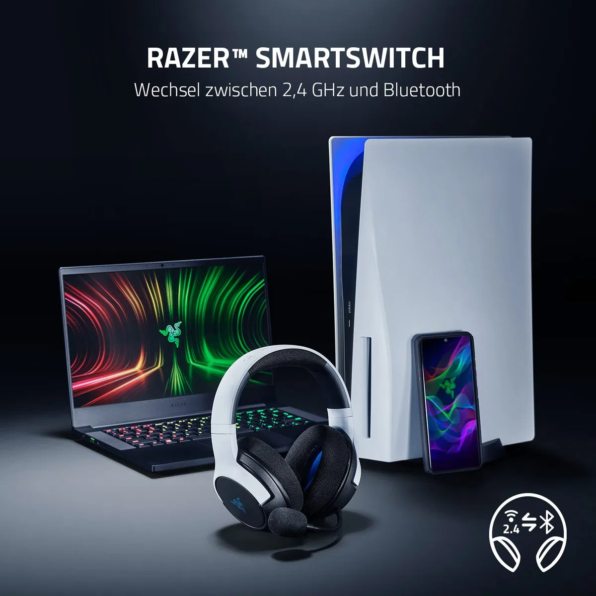 Razer Kaira für PlayStation - Kabelloses Dual-Headset für PS5 (Triforce Titanium 50-mm-Treiber, HyperClear Mikrofon mit Nierencharakteristik, SmartSwitch, FlowKnit Memory Foam) Schwarz-Weiß