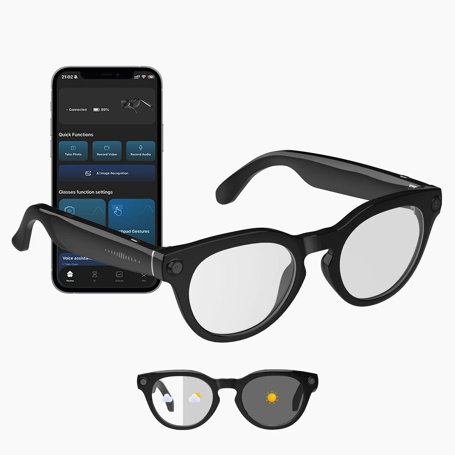 AI Smart Glasses mit Kamera, 8MP HD Kamera Brille, Lautsprecher mit Offener Rückseite, Photochrome Gläser, Unterstützt Foto, Videos, KI Brille für Outdoor-Aktivitäten, Radtouren, Wandern, Reisen