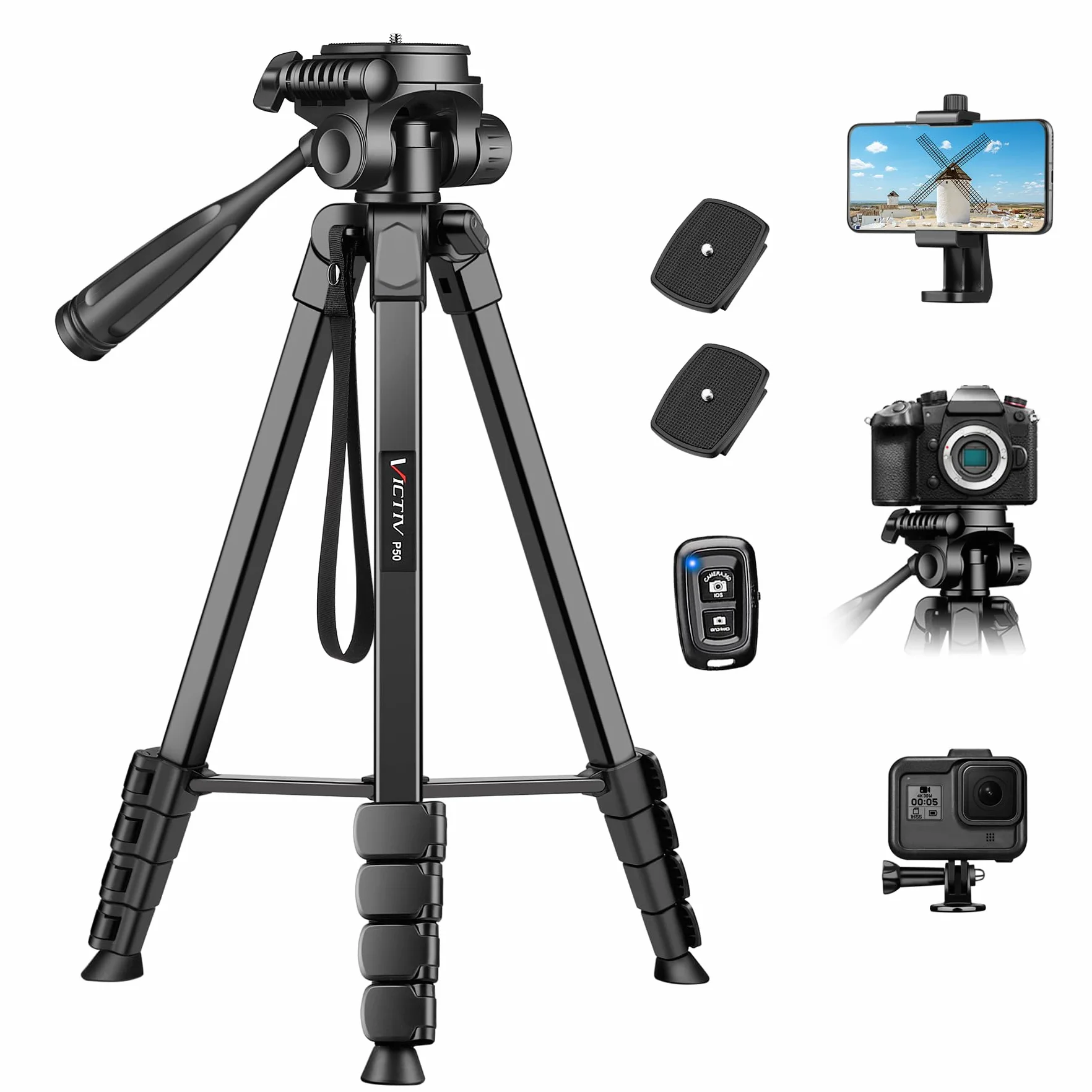 Victiv Neues Kamera Handy Stativ, 172cm Tragbares Camera Tripod, Aluminium Dreibein Stativ mit Abnehmbar 3-Wege-Kopf for für DSLR Canon Nikon Sony Action Kamera, Fotostativ für iPhone Smartphone