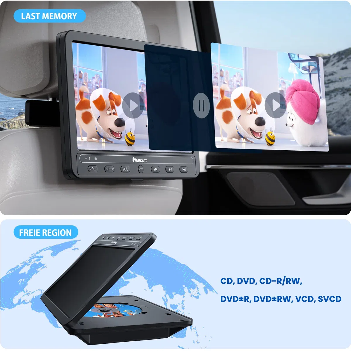 NAVISKAUTO 10,5 Zoll DVD Player Auto 2 Monitore Kopfstütze HDMI IN Mit 5 Stunden Akku, Auto Fernseher TV Kinder DVD-Player Unterstützt USB/SD-Karte, Last Memory, 2 Verschiedene Filme Spielen