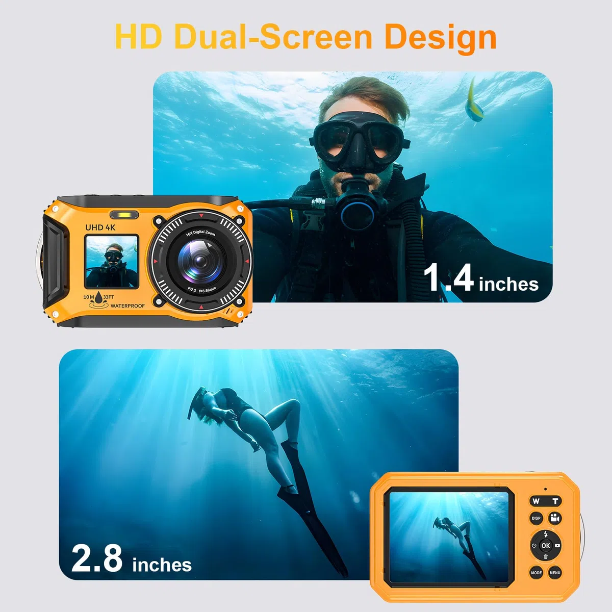 Unterwasserkamera, ZANTEEY 4K Digitalkamera wasserdichte, wasserdichte Kamera 64MP 33FT wasserdicht staubgeschützt schwimmfähig mit Autofokus Digitalkamera 1500-mAh-Akku