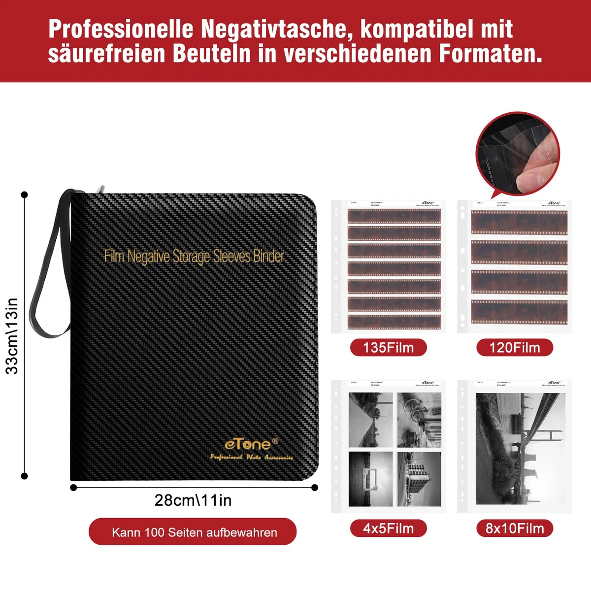 eTone Filmnegativ-Aufbewahrungsbox, PU-Leder Schwarz, 33,5 x 18 x 5 cm, 3-Ring-Album mit Samtfutter