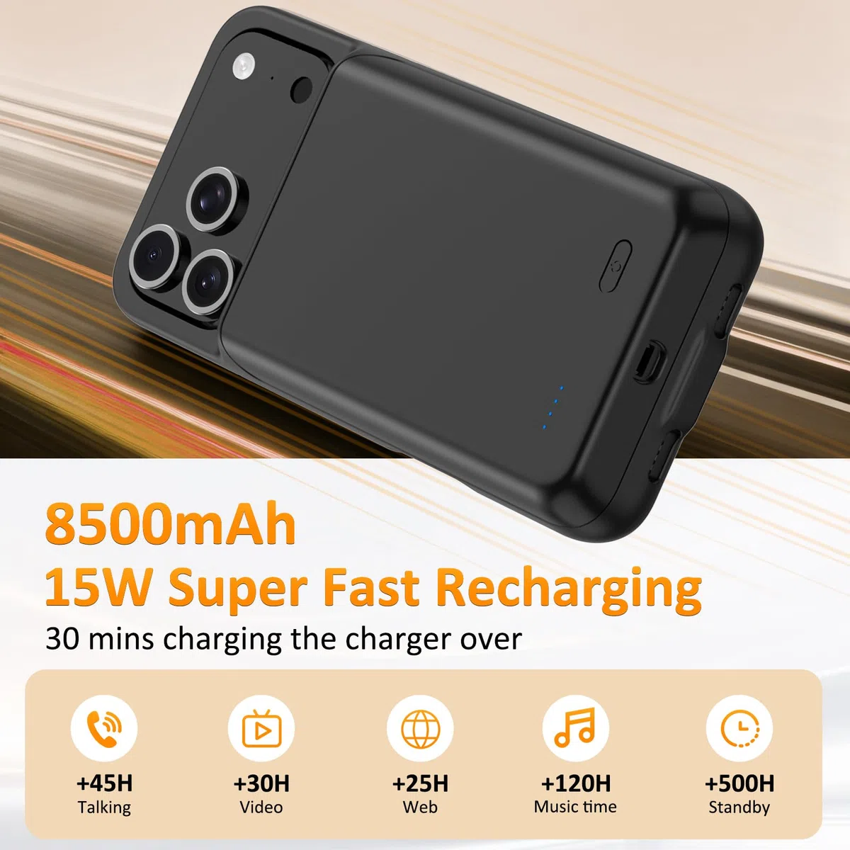 Akkuhülle für iPhone 17 Pro(6.3"), 8500mAh Tragbares Ladegerät Ultradünn Erweiterter Akku Hülle Telefonladegerät und Schutzhülle mit Ladefunktion für iPhone 17 Pro- Schwarz