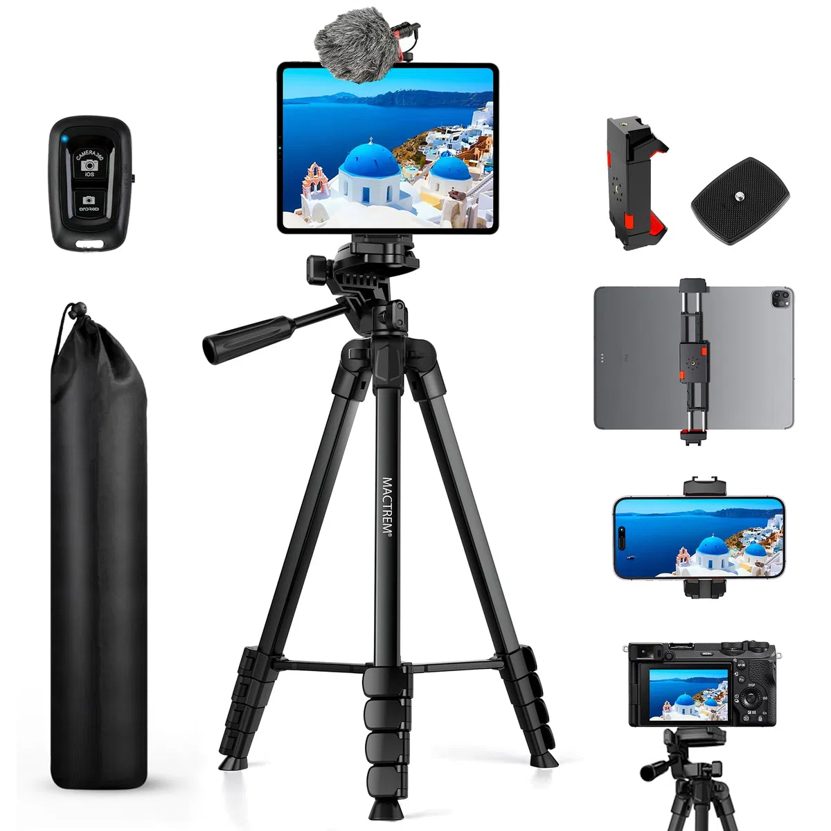 MACTREM 170 cm Aluminium Handy Stativ, Kamera Stativ für Smartphone iPad iPhone Tablet mit 2-in-1 Halterung & Fernauslöser, Tripod Camera für Videoaufnahmen/Selfies/Live-Stream/Vlogging