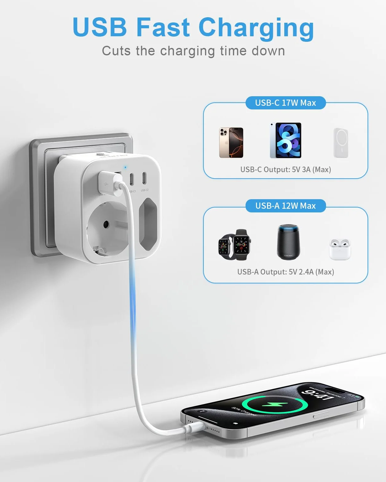Reiseadapter Weltweit, Universal Reisestecker mit 2 USB A und 2 USB C, 6 Abnehmbare Internationale steckdosenadapter für USA UK EU AUS Japan Südafrika (6 Plug)