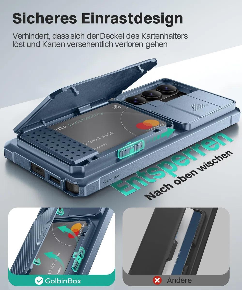 für Samsung Galaxy S26 Ultra Hülle mit Kartenhalter & Kameraabdeckung, integriertem Sicherheitsschloss und RFID-Schutz,[fasst 4–5 Karten oder Bargeld]Galaxy S26 Ultra Wallet-Hülle 6,9'', Libellen-Blau