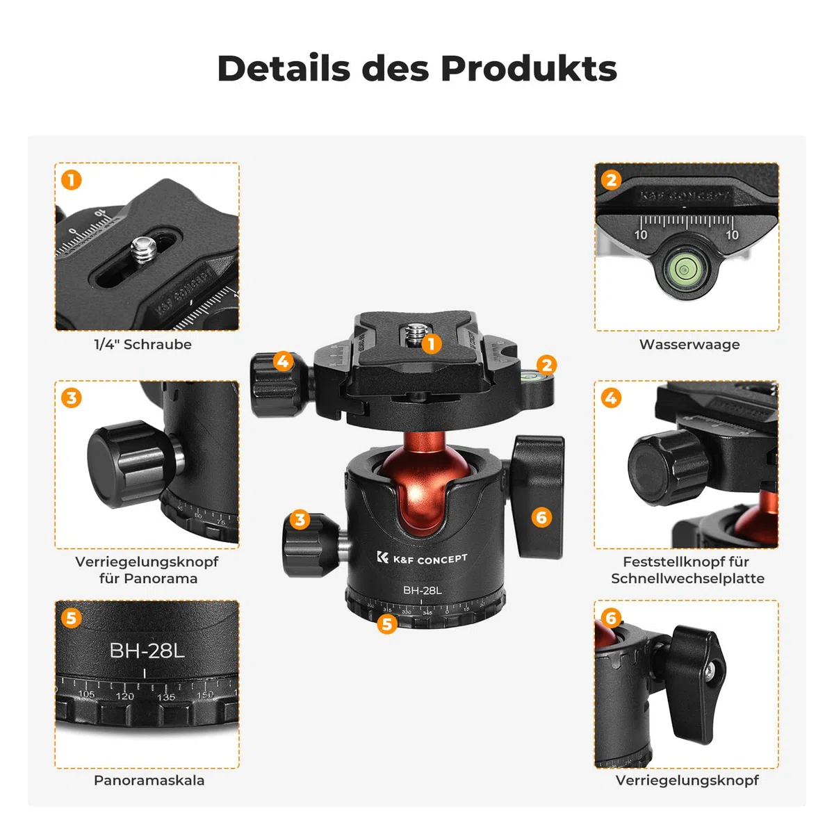K&F Concept Kugelkopf Stativkopf, Kamera Kugelkopf mit 1/4 Zoll Schnellwechselplatte und Wasserwaagee, 10 kg Tragkraft, für Stativ, Einbeinstativ, Kamera Slider, Spiegelreflexkamera