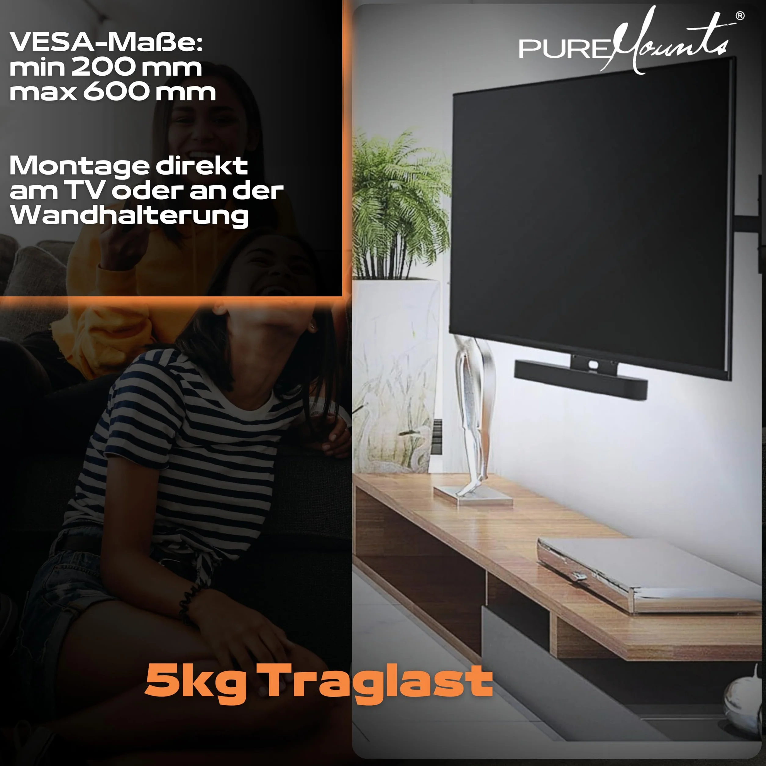 PureMounts PM-SOM-080 Halterung zur direkten Montage am TV, kompatibel mit SONOS BEAM Soundbar, Traglast: 5kg, schwarz