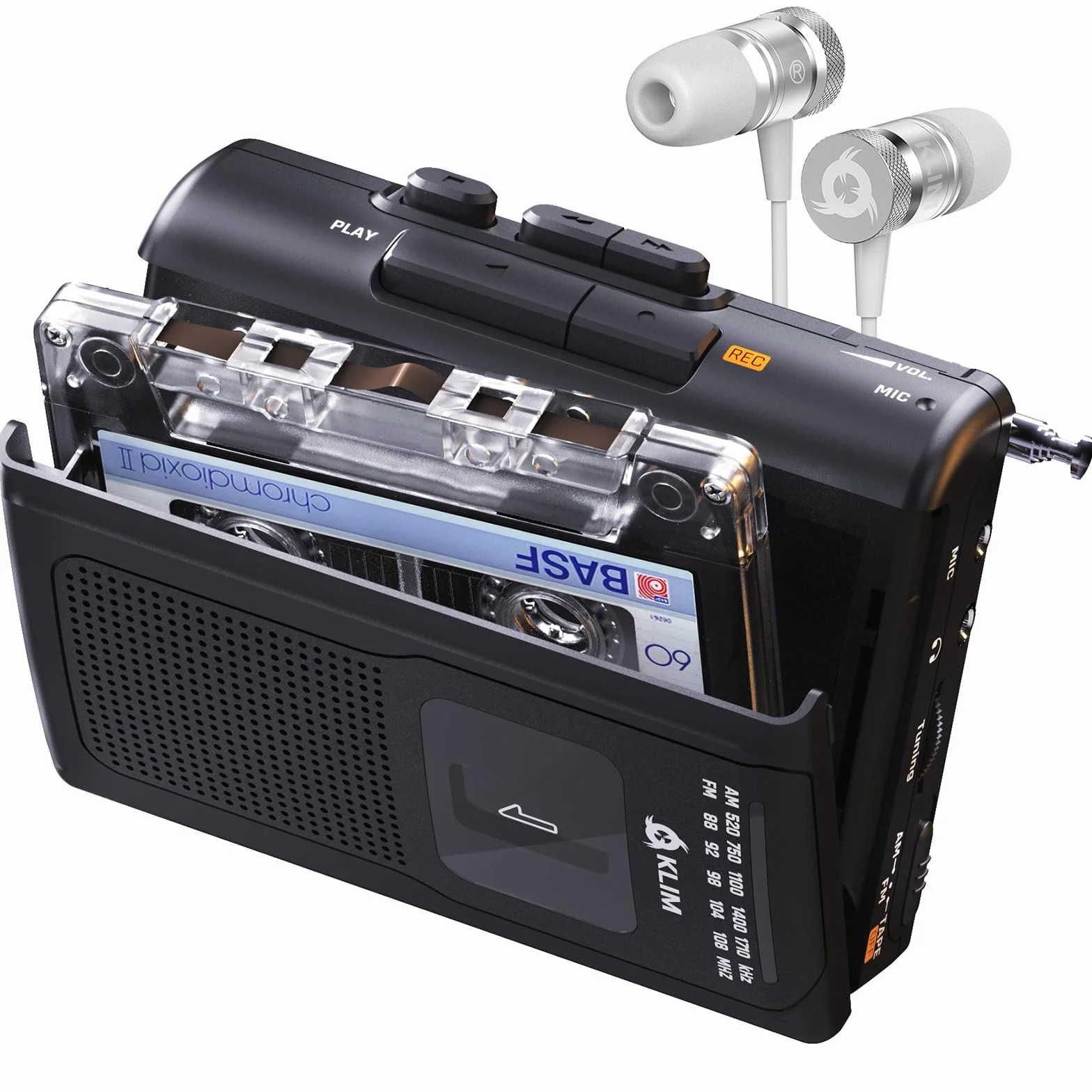KLIM K8 Kassettenspieler mit Fusion-Kopfhörern - Kassettenrekorder - NEU Cassette Player - AM/FM Kassettenradio - Eingebautes Mikrofon & Lautsprecher - Kopfhöreranschluss & Ohrhörer - Schwarz