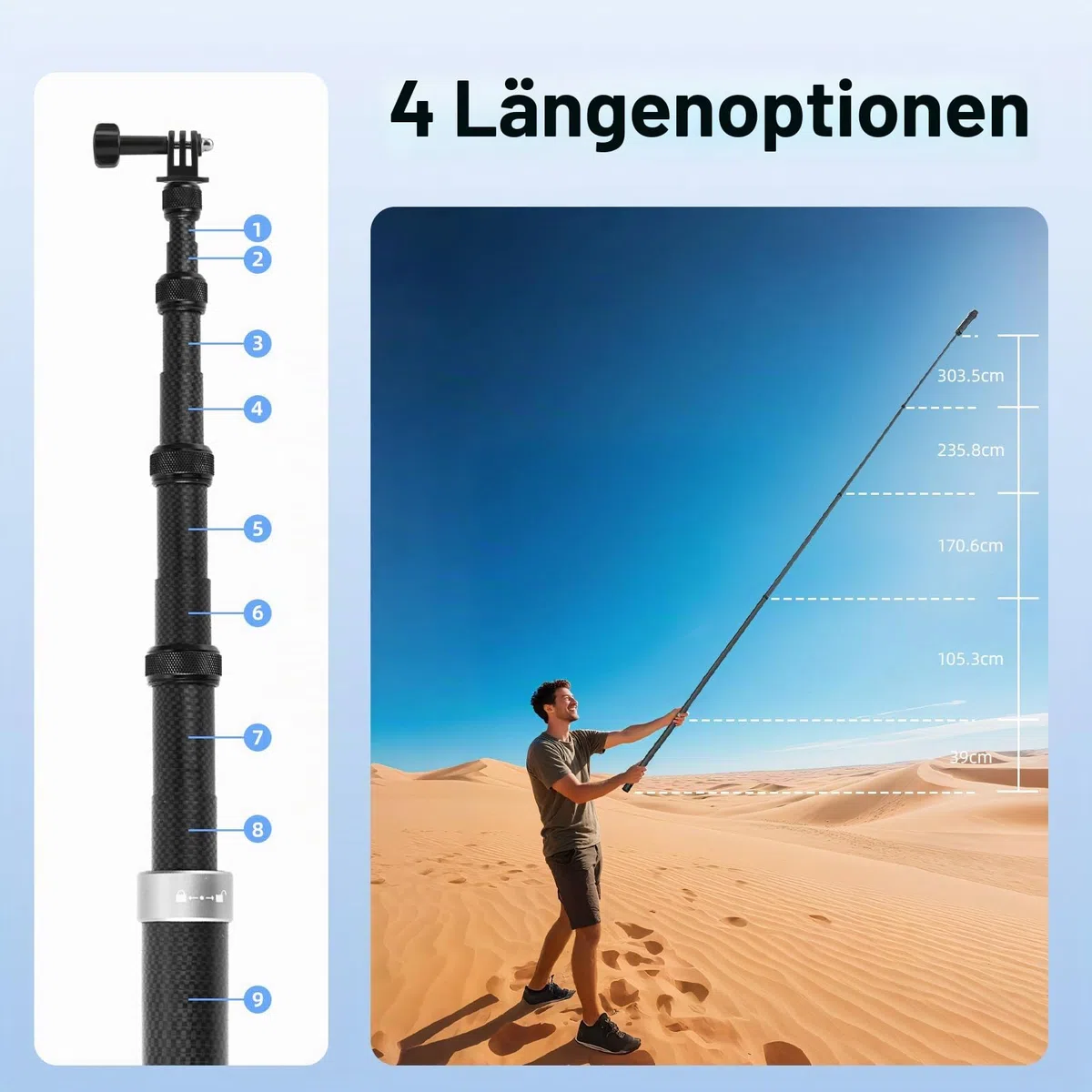 BRDRC 3m Selfie Stick Kohlefaser Selfiestange Unsichtbar Ultralang für Insta360 ONE X5, X4, X3, X2, RS - Kompatibel mit DJI OSMO Action - inkl. Go Pro Adapter & Aufbewahrungstasche