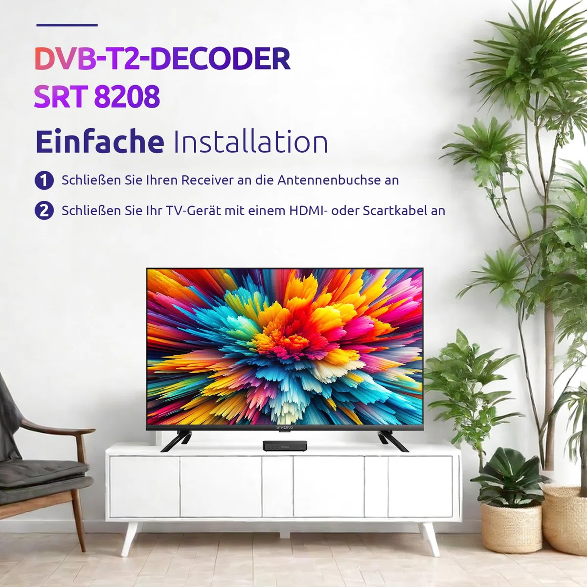 STRONG SRT8208 DVB-T2 DVB-T2 - Unterstützt HEVC265 - TV-Receiver/Tuner mit Recorder Funktion (HDMI, Scart, USB, Dolby Digital Plus) - Schwarz