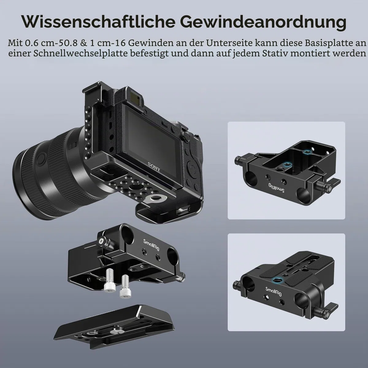 SMALLRIG Kamera-Grundplatte mit Stangenschienenklemme, Grundplatte für Sony A6500 A6600 A6300, für Panasonic GH5 GH6, für Sony A7-Serie, für Canon R5 R6, beide für Kameras und Käfige - 1674